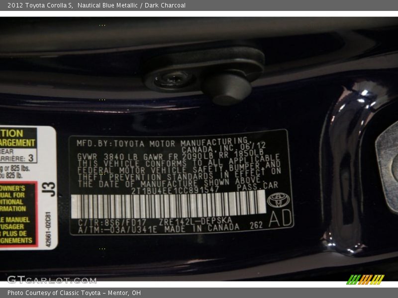 Nautical Blue Metallic / Dark Charcoal 2012 Toyota Corolla S