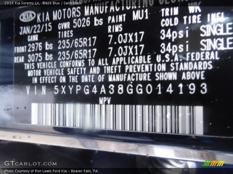 2016 Sorento LX Blaze Blue Color Code MU1