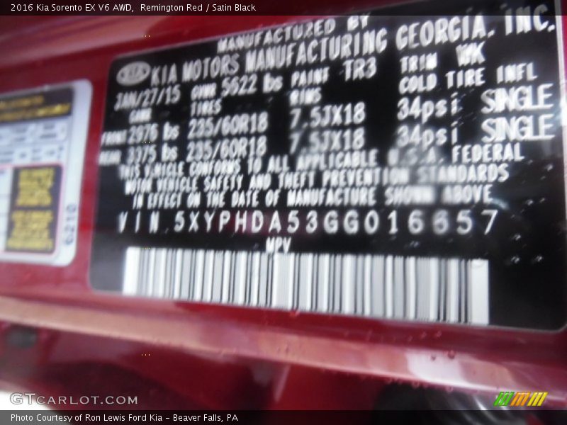 2016 Sorento EX V6 AWD Remington Red Color Code TR3