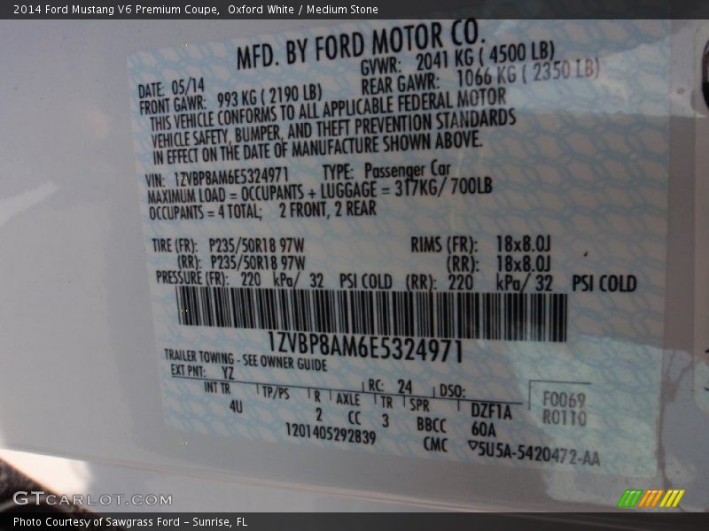 Oxford White / Medium Stone 2014 Ford Mustang V6 Premium Coupe