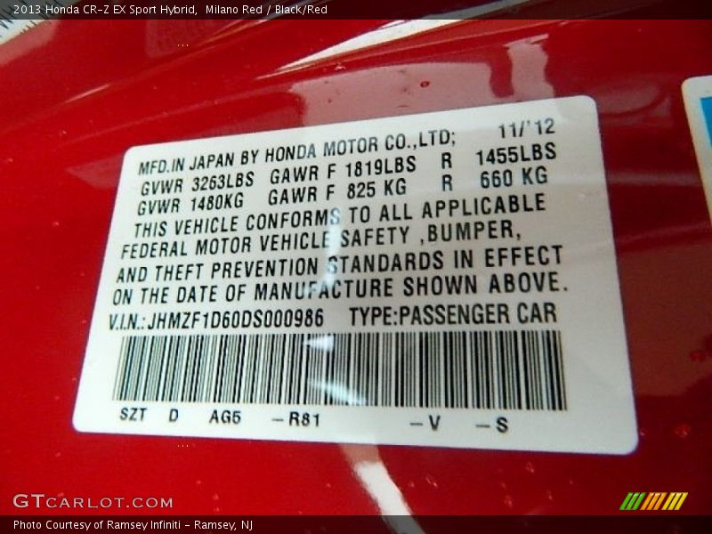 2013 CR-Z EX Sport Hybrid Milano Red Color Code R81