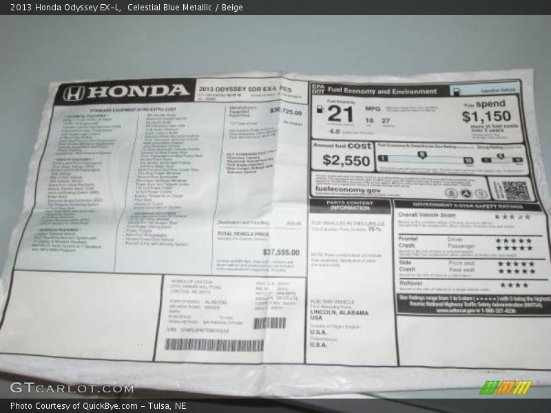 Celestial Blue Metallic / Beige 2013 Honda Odyssey EX-L