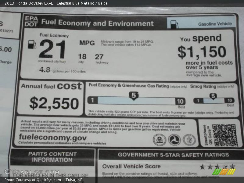 Celestial Blue Metallic / Beige 2013 Honda Odyssey EX-L