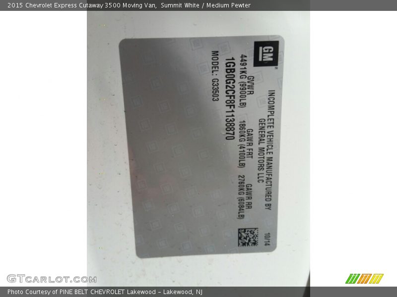 Summit White / Medium Pewter 2015 Chevrolet Express Cutaway 3500 Moving Van