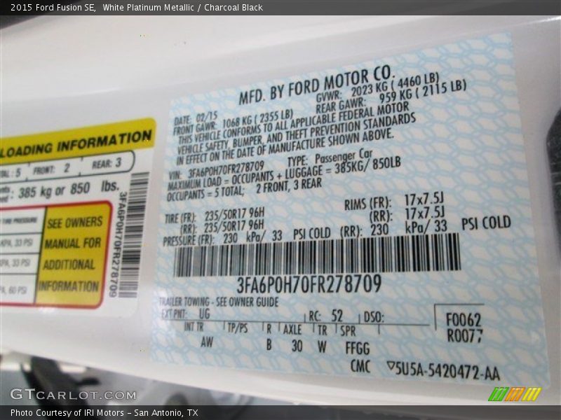 White Platinum Metallic / Charcoal Black 2015 Ford Fusion SE