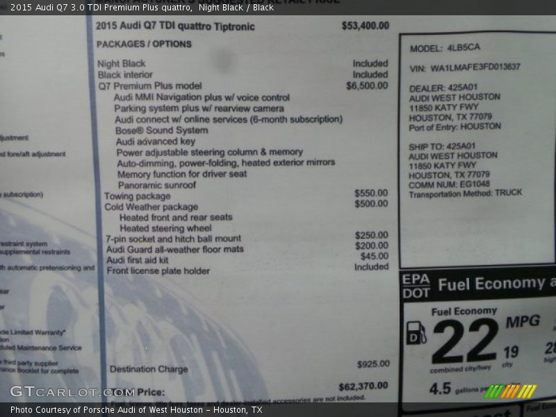  2015 Q7 3.0 TDI Premium Plus quattro Window Sticker