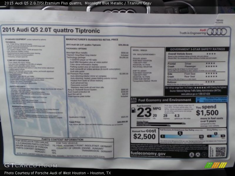 Moonlight Blue Metallic / Titanium Gray 2015 Audi Q5 2.0 TFSI Premium Plus quattro