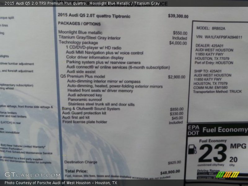 Moonlight Blue Metallic / Titanium Gray 2015 Audi Q5 2.0 TFSI Premium Plus quattro