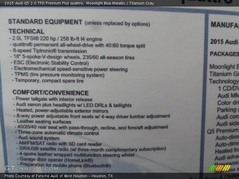Moonlight Blue Metallic / Titanium Gray 2015 Audi Q5 2.0 TFSI Premium Plus quattro