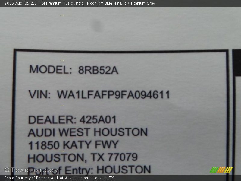 Moonlight Blue Metallic / Titanium Gray 2015 Audi Q5 2.0 TFSI Premium Plus quattro