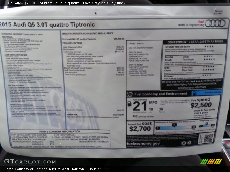 Lava Gray Metallic / Black 2015 Audi Q5 3.0 TFSI Premium Plus quattro