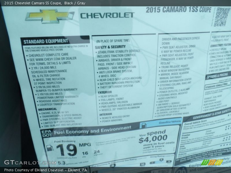  2015 Camaro SS Coupe Window Sticker