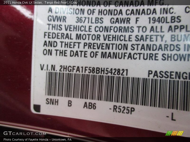 Tango Red Pearl / Gray 2011 Honda Civic LX Sedan