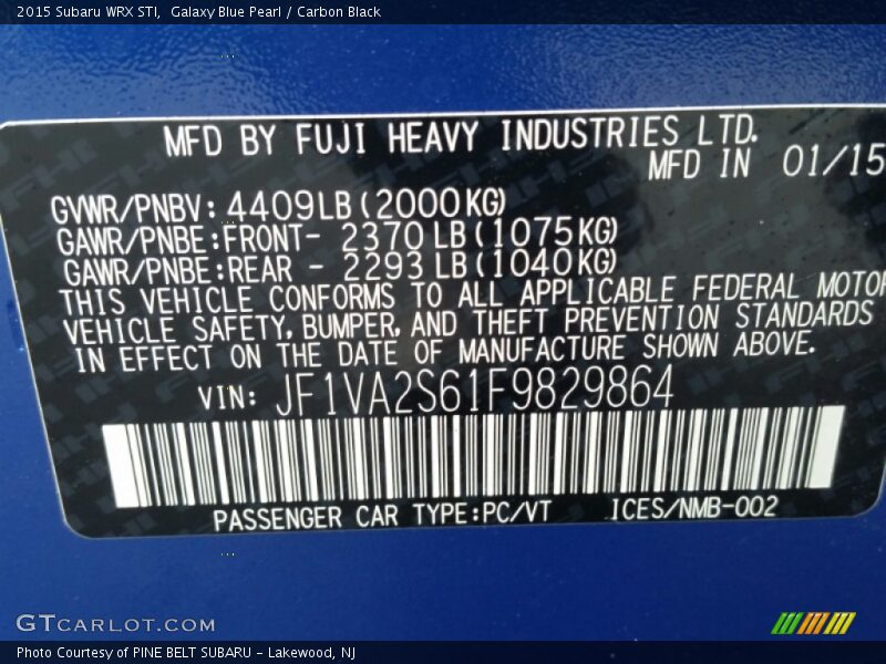 Galaxy Blue Pearl / Carbon Black 2015 Subaru WRX STI