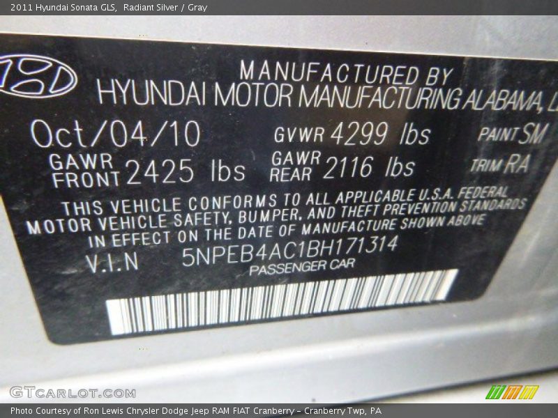Radiant Silver / Gray 2011 Hyundai Sonata GLS