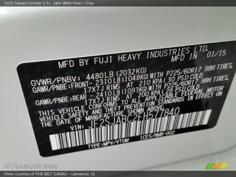 Satin White Pearl / Gray 2015 Subaru Forester 2.5i