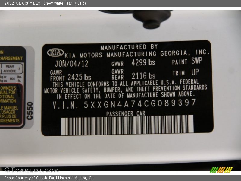 Snow White Pearl / Beige 2012 Kia Optima EX