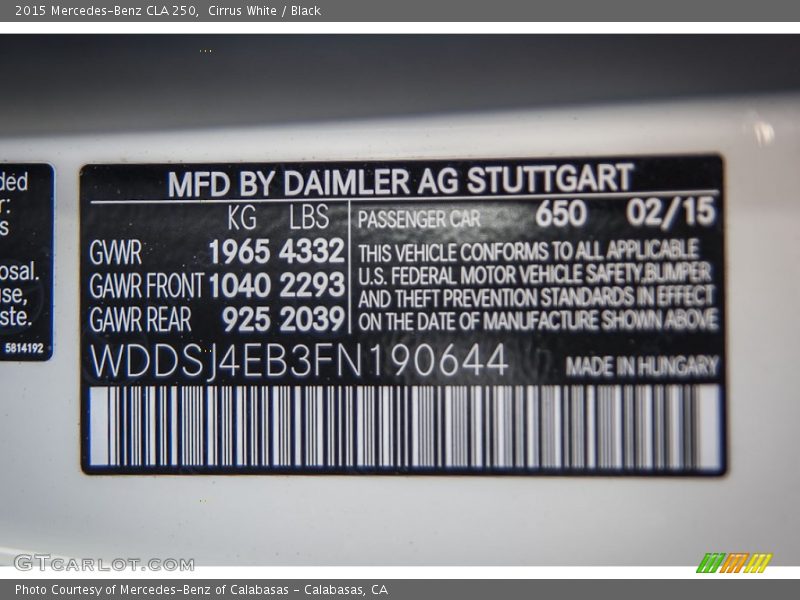 Cirrus White / Black 2015 Mercedes-Benz CLA 250