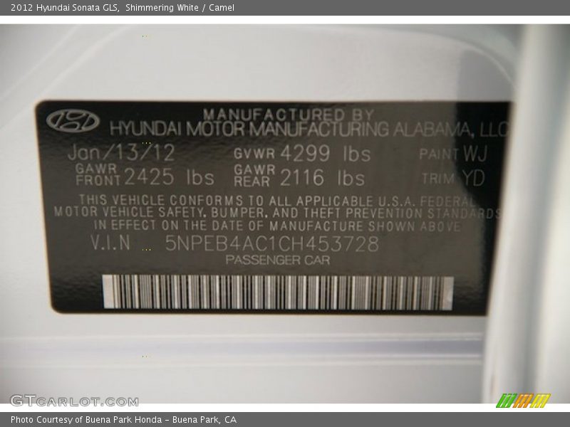 Shimmering White / Camel 2012 Hyundai Sonata GLS