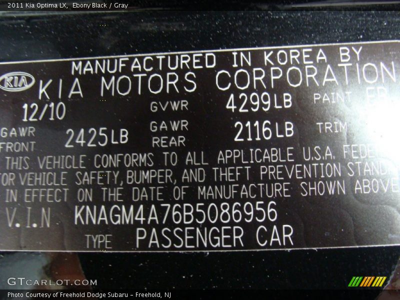 Ebony Black / Gray 2011 Kia Optima LX