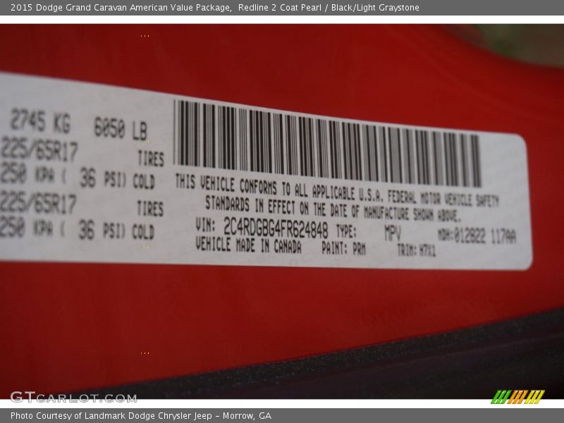 Redline 2 Coat Pearl / Black/Light Graystone 2015 Dodge Grand Caravan American Value Package