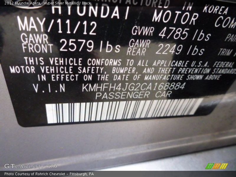 Hyper Silver Metallic / Black 2012 Hyundai Azera