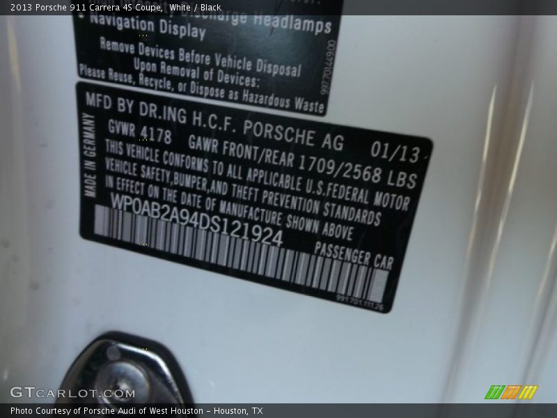 White / Black 2013 Porsche 911 Carrera 4S Coupe