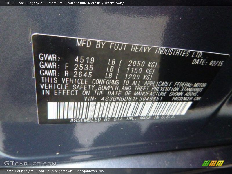 Twilight Blue Metallic / Warm Ivory 2015 Subaru Legacy 2.5i Premium