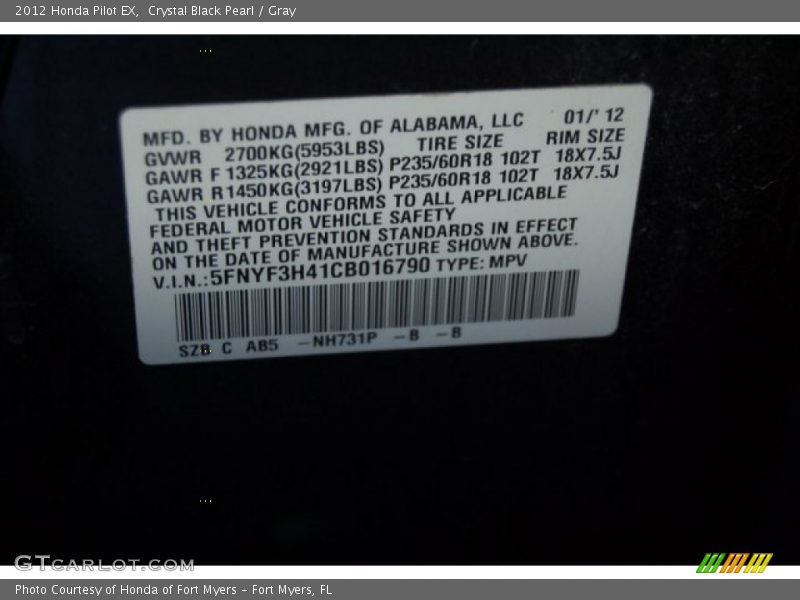 Crystal Black Pearl / Gray 2012 Honda Pilot EX