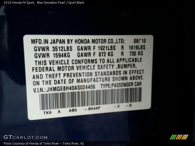 Blue Sensation Pearl / Sport Black 2010 Honda Fit Sport