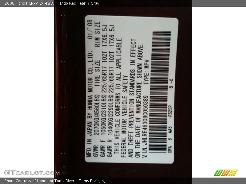 Tango Red Pearl / Gray 2008 Honda CR-V LX 4WD