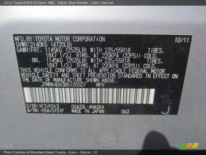 Classic Silver Metallic / Dark Charcoal 2011 Toyota RAV4 V6 Sport 4WD