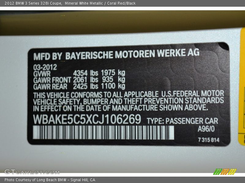 2012 3 Series 328i Coupe Mineral White Metallic Color Code A96