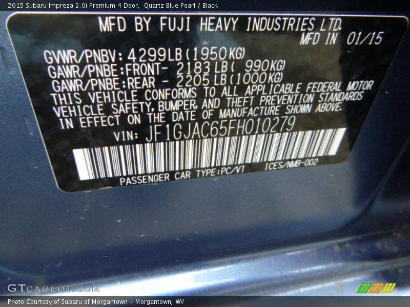 Quartz Blue Pearl / Black 2015 Subaru Impreza 2.0i Premium 4 Door