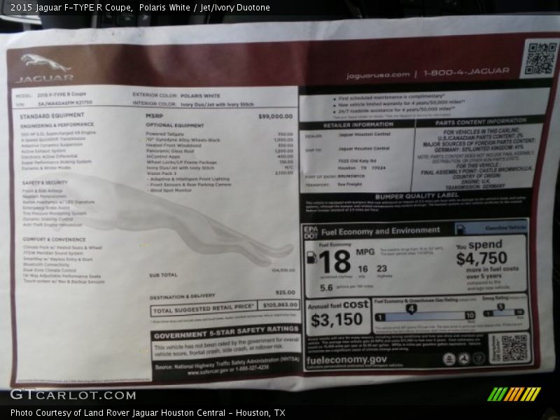  2015 F-TYPE R Coupe Window Sticker