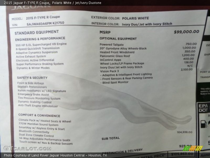  2015 F-TYPE R Coupe Window Sticker