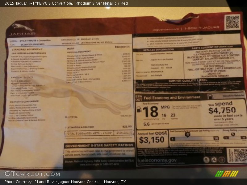  2015 F-TYPE V8 S Convertible Window Sticker