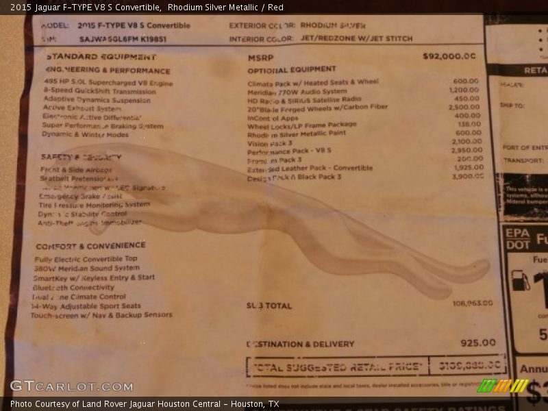  2015 F-TYPE V8 S Convertible Window Sticker