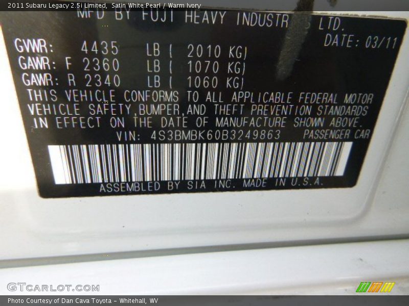 Satin White Pearl / Warm Ivory 2011 Subaru Legacy 2.5i Limited