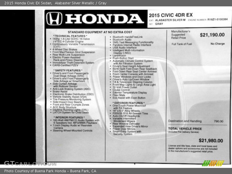 Alabaster Silver Metallic / Gray 2015 Honda Civic EX Sedan