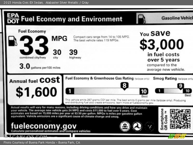 Alabaster Silver Metallic / Gray 2015 Honda Civic EX Sedan