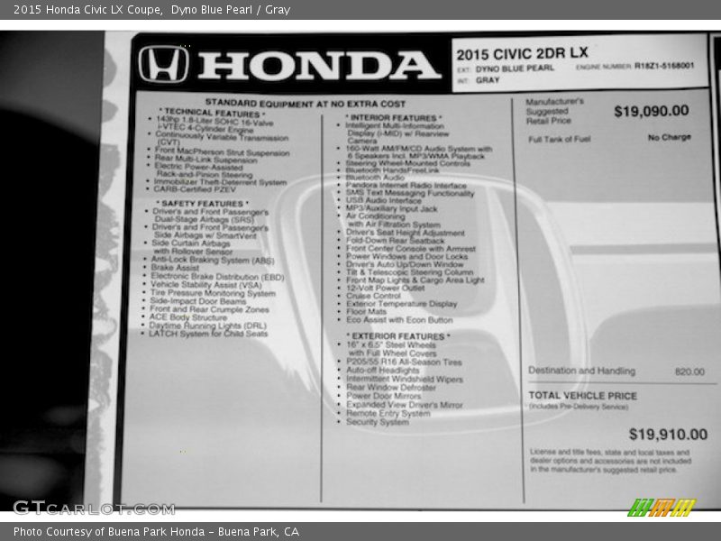 Dyno Blue Pearl / Gray 2015 Honda Civic LX Coupe