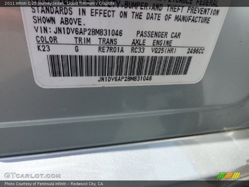 Liquid Platinum / Graphite 2011 Infiniti G 25 Journey Sedan
