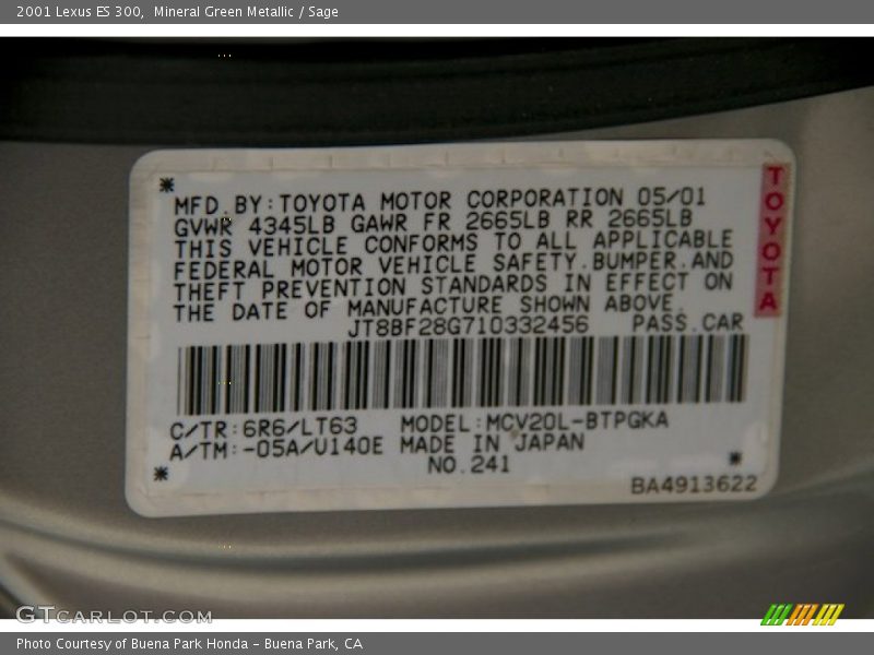Mineral Green Metallic / Sage 2001 Lexus ES 300