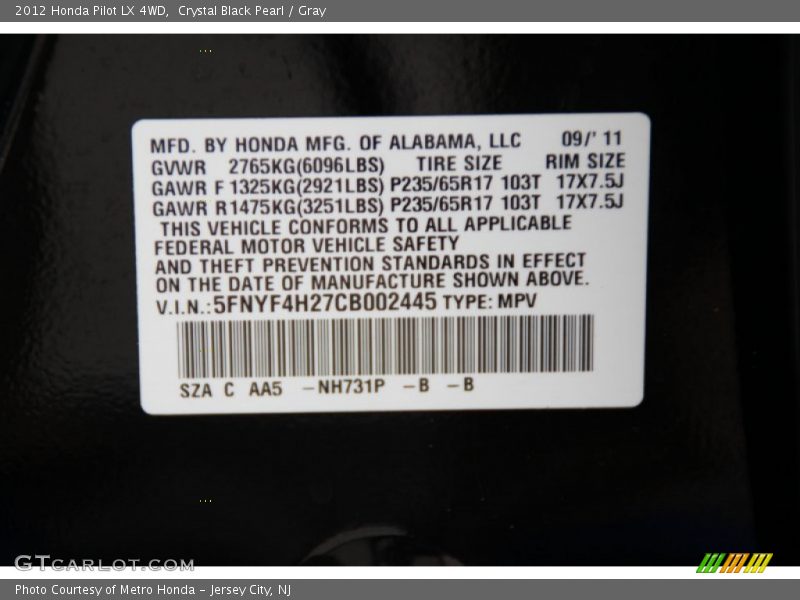 Crystal Black Pearl / Gray 2012 Honda Pilot LX 4WD