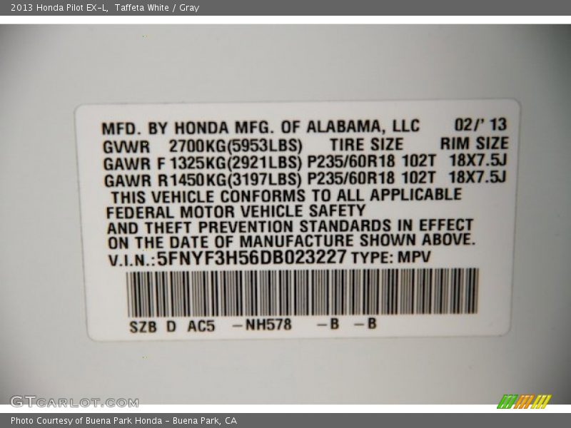 Taffeta White / Gray 2013 Honda Pilot EX-L