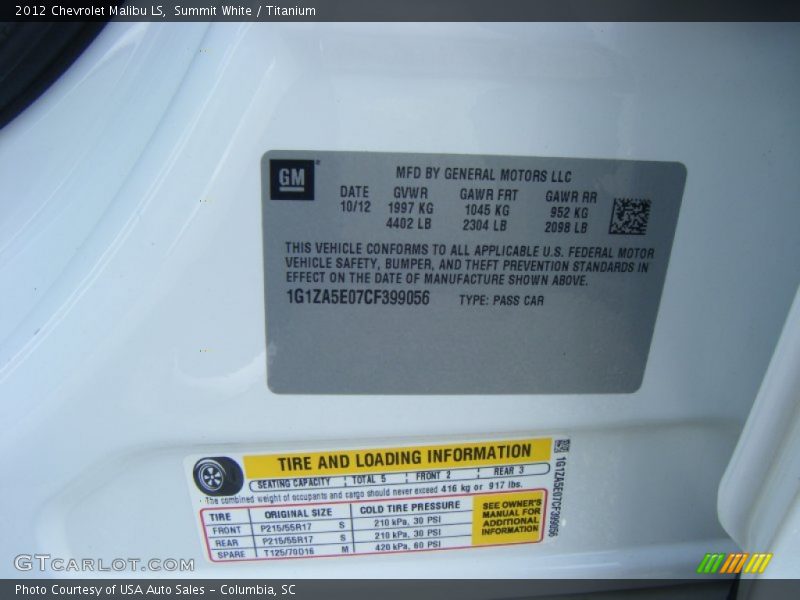 Summit White / Titanium 2012 Chevrolet Malibu LS