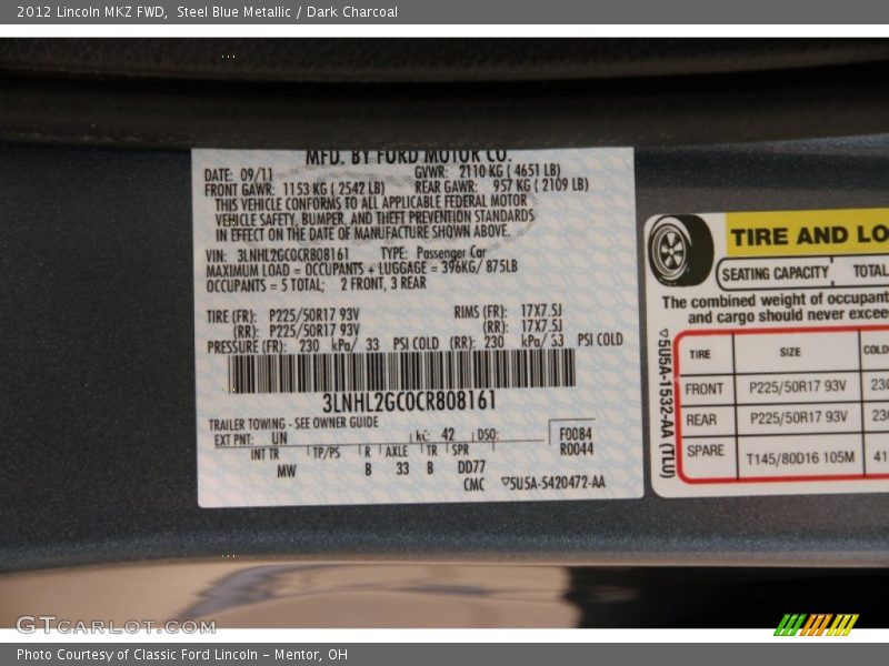 Steel Blue Metallic / Dark Charcoal 2012 Lincoln MKZ FWD