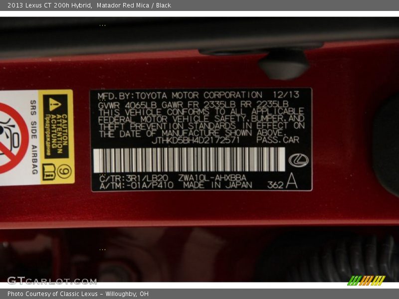 2013 CT 200h Hybrid Matador Red Mica Color Code 3R1