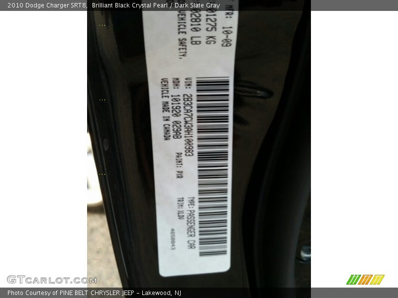 Brilliant Black Crystal Pearl / Dark Slate Gray 2010 Dodge Charger SRT8